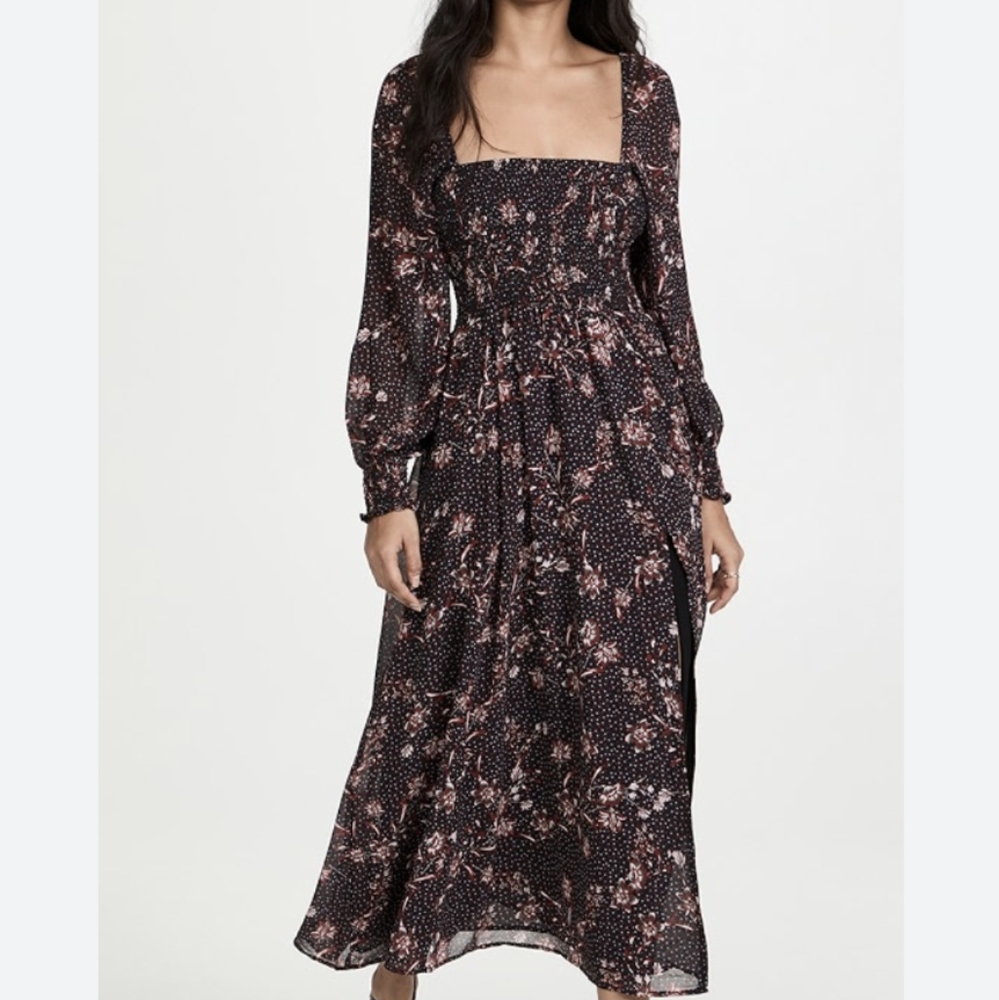 o.p.t. Classic Smocked Maxi Dress NWT size XS long sleeves and leg slit